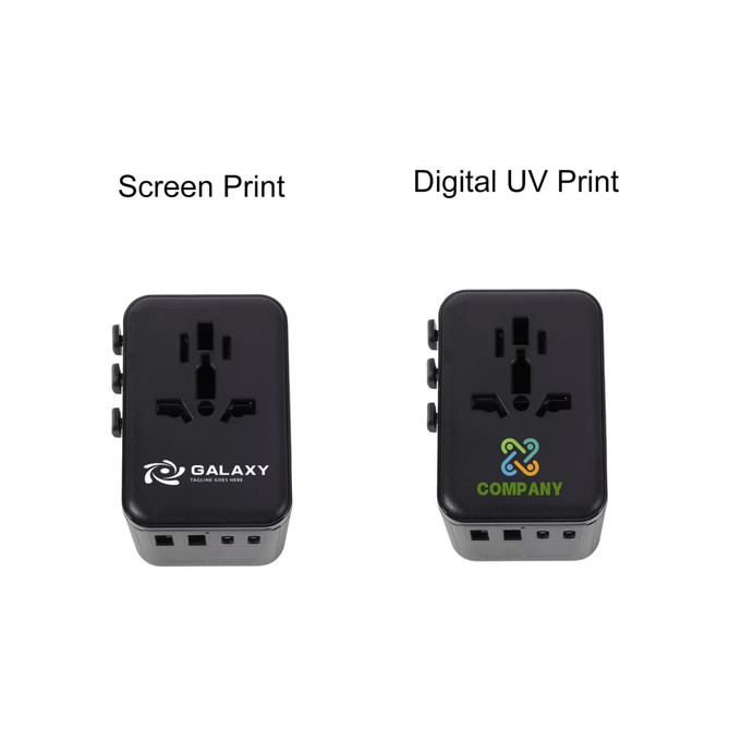 A black travel adapter with two different printed logos on the front, featuring multiple input and output ports.