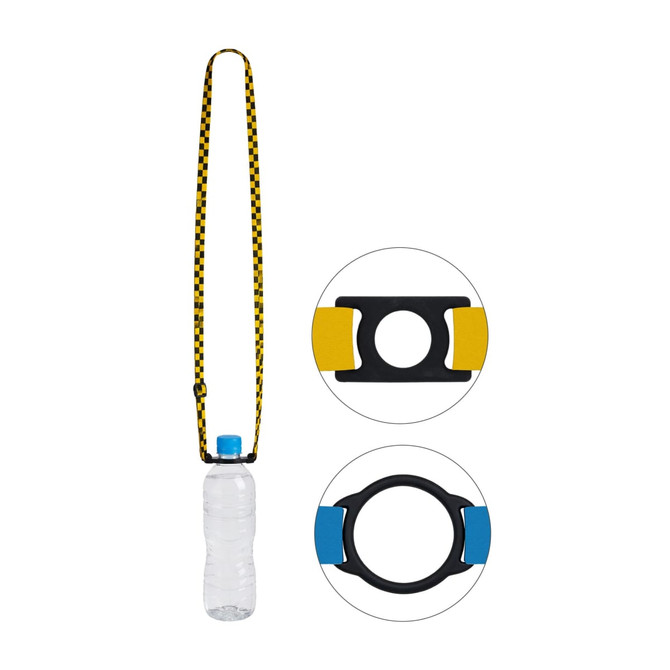 A drink bottle with a yellow and black checkered lanyard and a colourful attachment for secure carrying.
