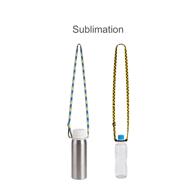 A drink bottle lanyard in blue and yellow, shown with a metal bottle and a plastic bottle attached.