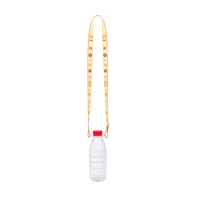 A drink bottle with a red cap is suspended from a yellow and orange patterned sling lanyard.