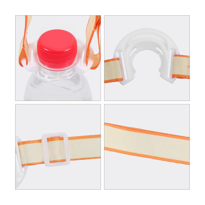 A drink bottle sling lanyard in orange and white, featuring a detachable clip and adjustable strap for secure carrying.