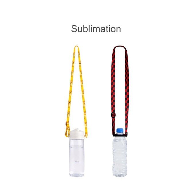 A drink bottle with a yellow lanyard and a bottle with a black and red checked lanyard, both displayed upright.