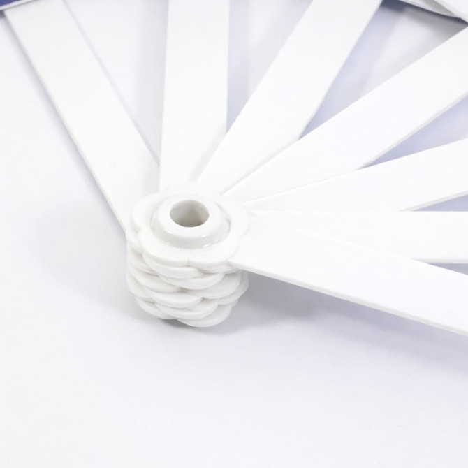 A seven-piece white plastic hand fan with a central joint, featuring multiple folded sections. It has a logo present.