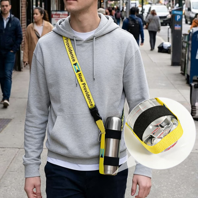 A drink bottle holder strap sling in yellow and black, featuring a logo, designed for carrying a water bottle.