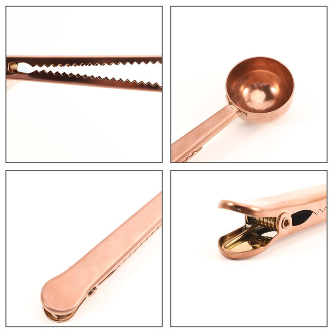 A copper coffee measuring spoon with a clip, featuring a scoop end and a clip for easy storage.