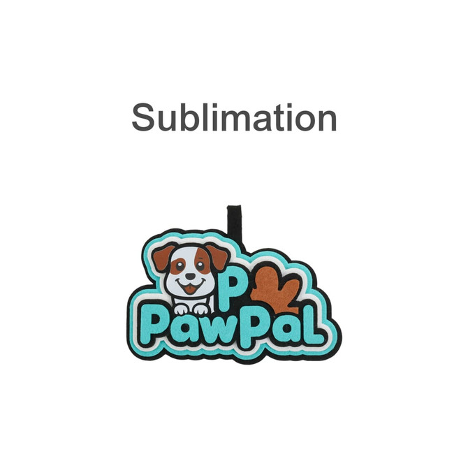A custom felt hanging tag in blue, black, and brown featuring a cartoon dog and the text "PawPal."