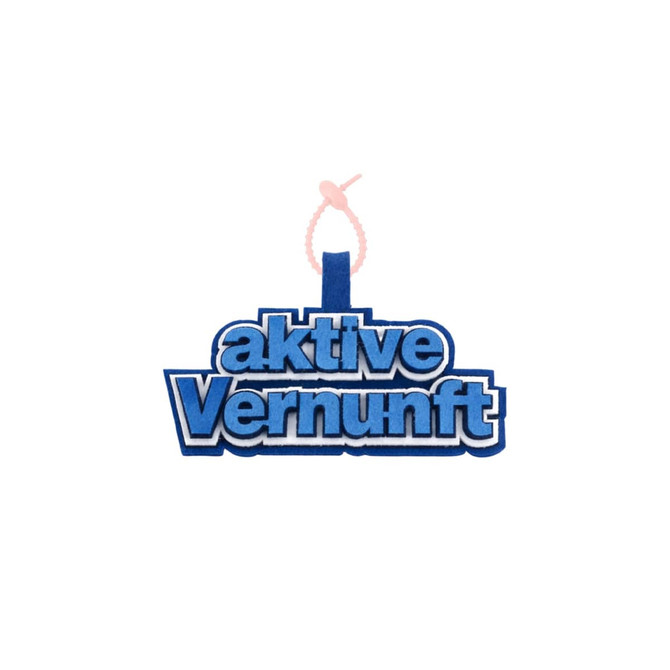 A blue and white felt hanging tag with a logo and a pink attachment.