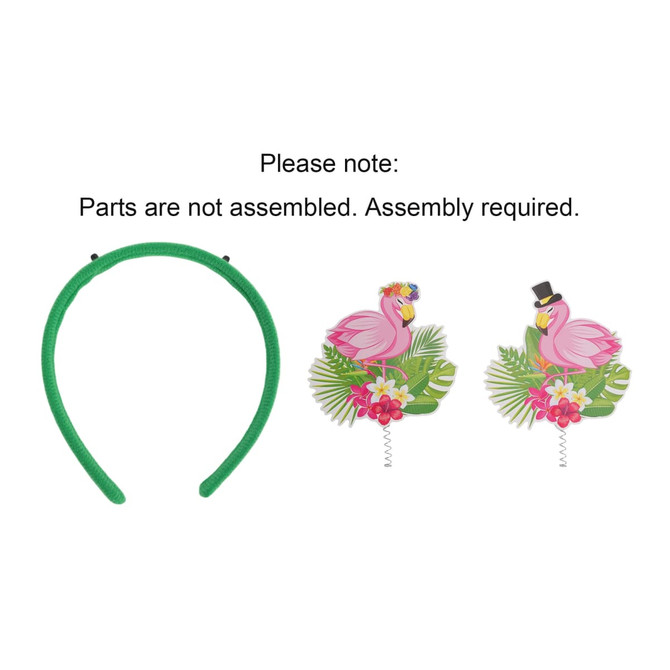 A green headband with vibrant flamingo decorations and floral elements. Assembly required for the decorative parts.