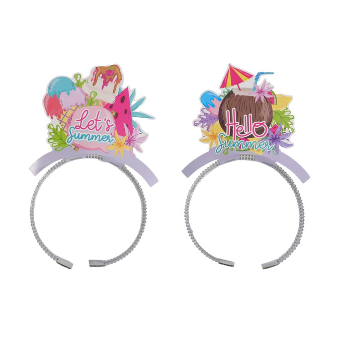A Foil Topper Headband featuring colourful summer-themed designs, including fruits and fun icons. It has a flexible band.