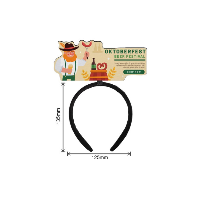 A black foam headband featuring a festive Oktoberfest design and a logo at the top.