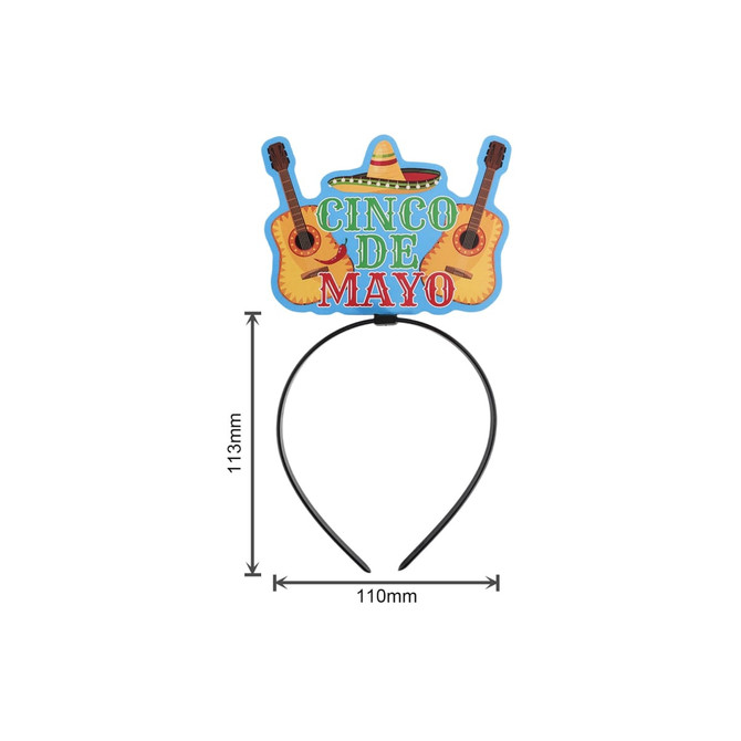 A black headband with a colourful "Cinco de Mayo" topper featuring two guitars and a sombrero.