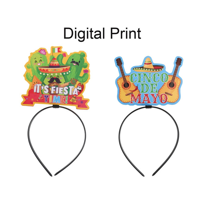 A vibrant headband featuring two colourful digital prints: a fiesta-themed cactus design and a Cinco de Mayo motif with guitars.