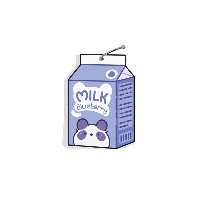 A set of custom-shaped index cards featuring a purple milk carton design with a panda illustration and a ring for binding.