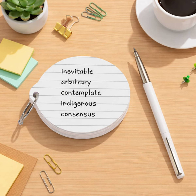 Custom shape index cards on a wooden table, with a pen, cup, and small plants. Features a ring for easy organisation.
