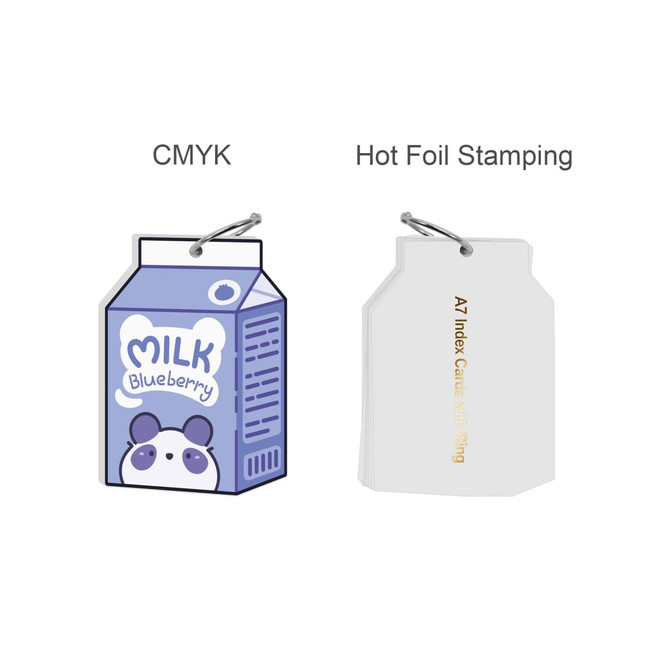 Custom shape index cards with a ring, featuring a milk carton design in purple and white. Includes branding elements.