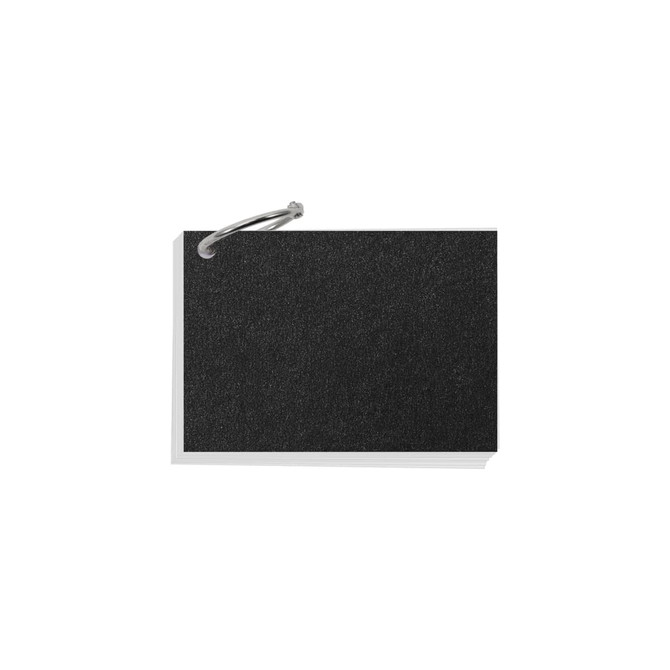 A7 pearlescent index cards in black, secured with a metal ring, showing a textured surface.