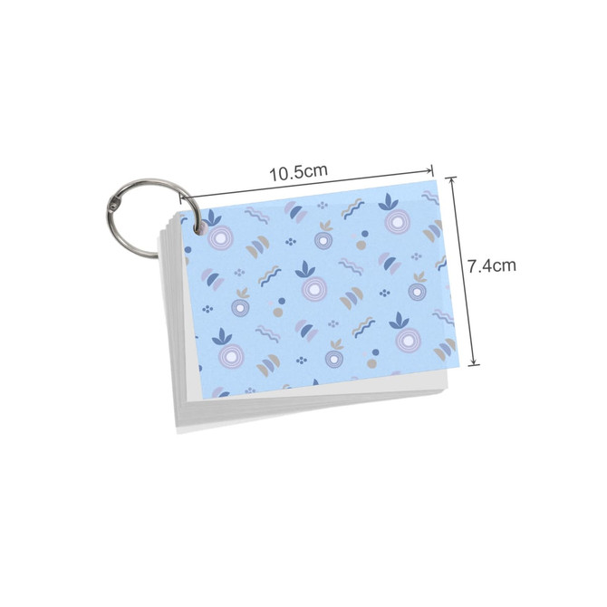 A set of A7 index cards with a blue patterned cover, featuring a silver carrying ring for easy organisation.