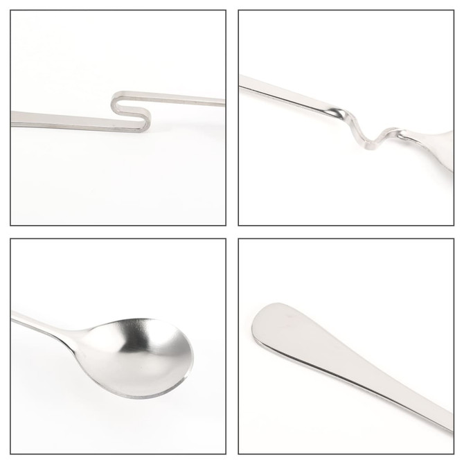 A stainless steel spoon with a unique hanging design, featuring a curved and straight end, set against a white background.