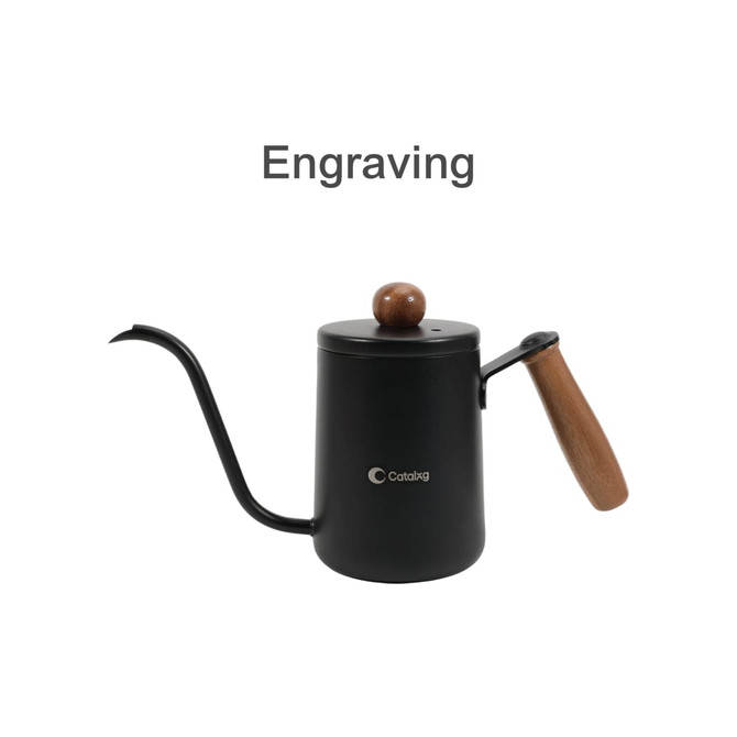 A stainless steel pour over kettle in black with a wooden handle and a wooden knob on the lid.