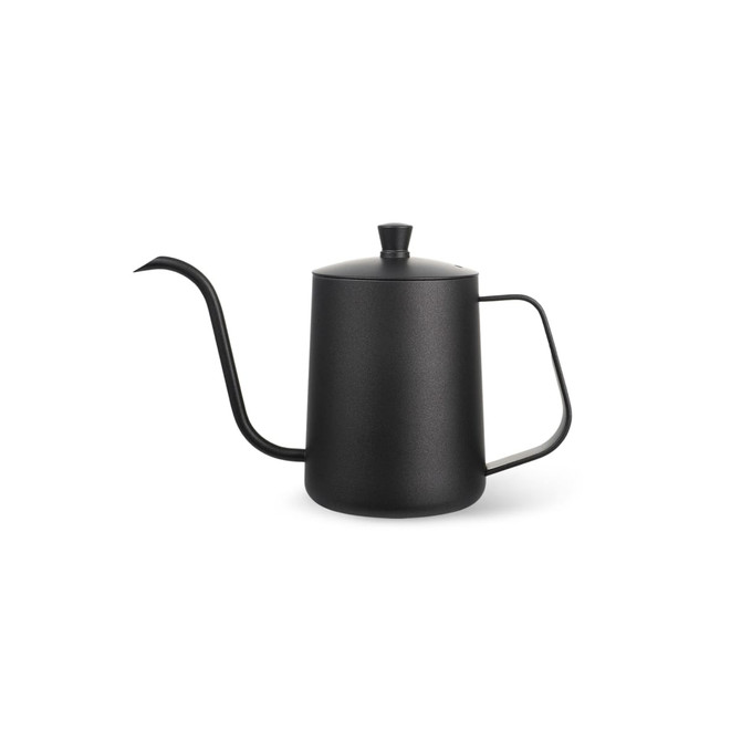 A black stainless steel pour over kettle with a long spout and a lid, featuring a simple handle design.