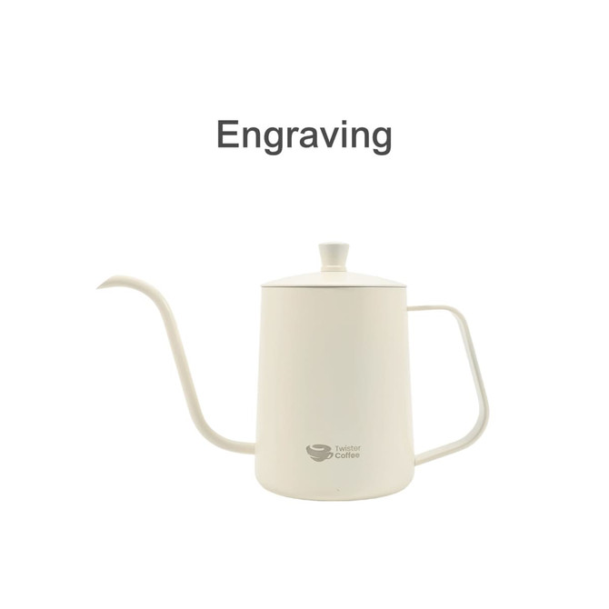 A stainless steel pour over kettle in white with a long spout and a lid, featuring a logo on its side.