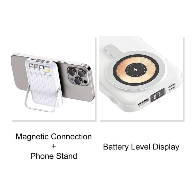 A white 10000mAh magnetic wireless power bank with a phone stand and battery level display. Features a logo.