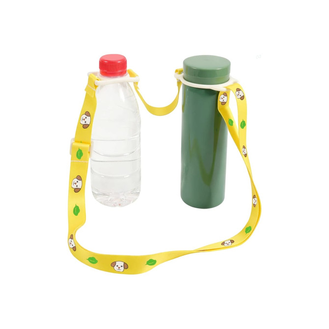 A drink bottle lanyard in yellow features a playful design, holding a clear bottle with a red cap and a green bottle.