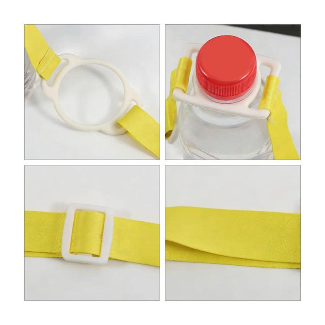 A drink bottle with a white lanyard strap in vibrant yellow and a red cap, featuring a branded logo.