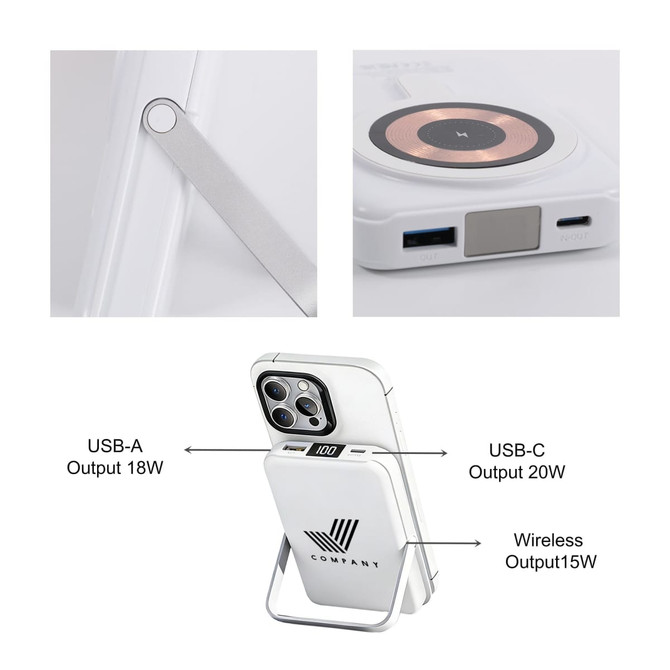 A white 10,000mAh magnetic wireless power bank with phone stand and USB ports, featuring a logo.