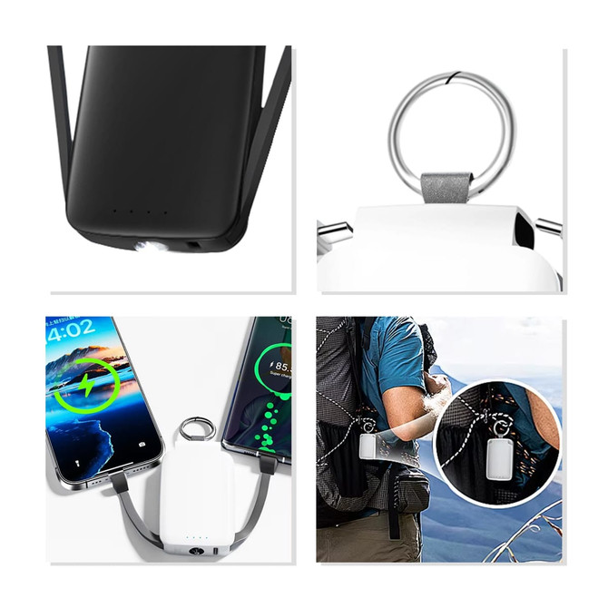 A black and white mini power bank featuring a flashlight, USB ports, and a keyring attachment.