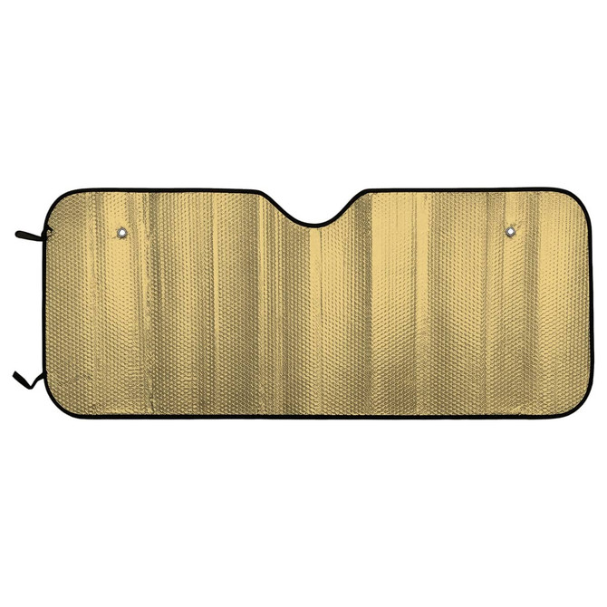 A full colour printed bubble aluminium car sun shade in gold with a black border and two tie points.
