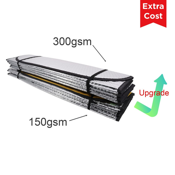 A folded car sun shade with silver and black colours, featuring a layered design with a visible logo.