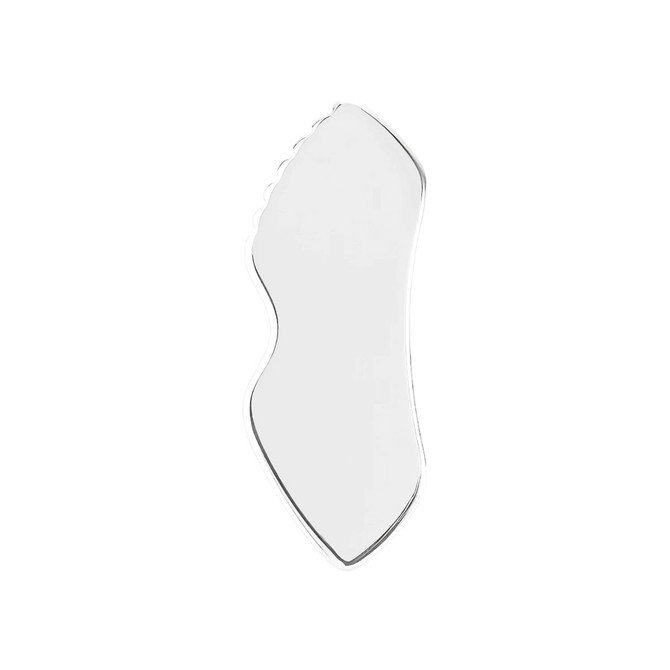 A translucent, clear Gua Sha board with a curved shape, featuring a smooth surface and a slight grip edge.