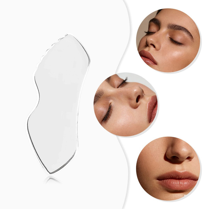 A clear customised Gua Sha board with smooth edges, showcased alongside close-up images of radiant skin.