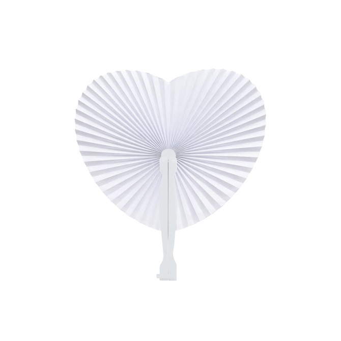 A white heart-shaped paper fan with a folded design and a plastic handle, featuring a simple, elegant style.