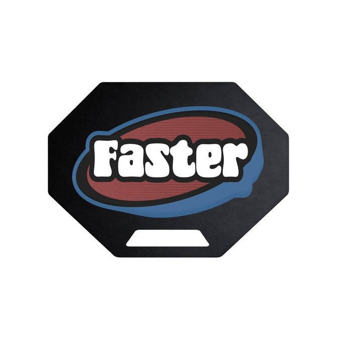 A custom-shaped black PP fan featuring the word "Faster" in bold, playful typography and a logo.