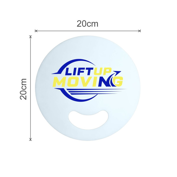 A custom-shaped white PP fan without handles, featuring a logo in blue and yellow. Measures 20cm in diameter.