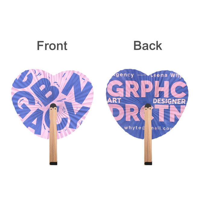 A heart-shaped wooden paper fan with pink and blue designs, featuring a wooden handle and a logo.