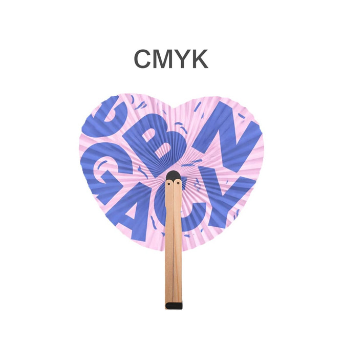 A heart-shaped wooden paper fan featuring a pink and blue design with a natural wooden handle.