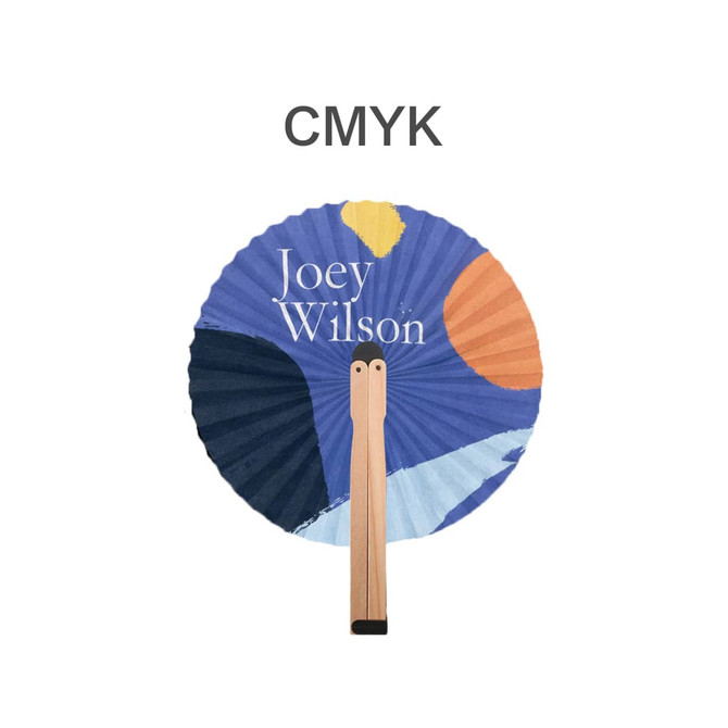 A round wooden paper fan featuring a blue, orange, and yellow design with a logo and two beige handles.