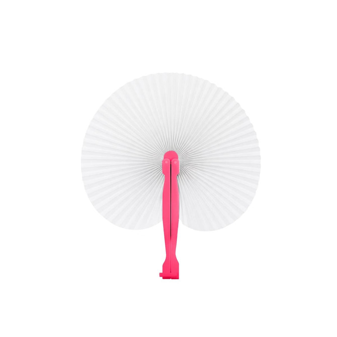 A peach-shaped plastic paper fan with a vibrant pink handle and a white fan surface. It features a simple design.