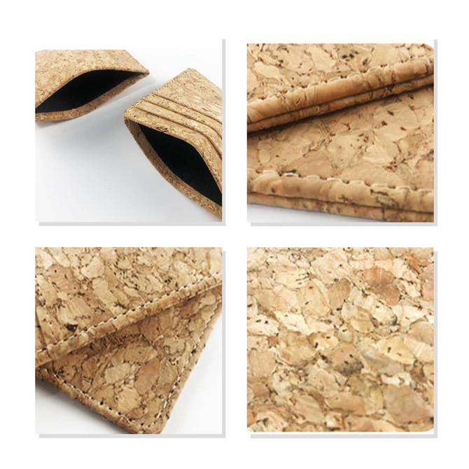 A cork card holder featuring a natural texture, highlighting its earthy tones and detailed stitching.
