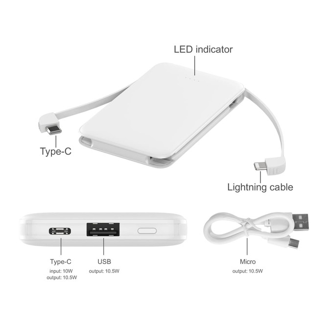 A slim, white 5000mAh power bank with built-in charging cables, including Type-C and Lightning. Features an LED indicator.