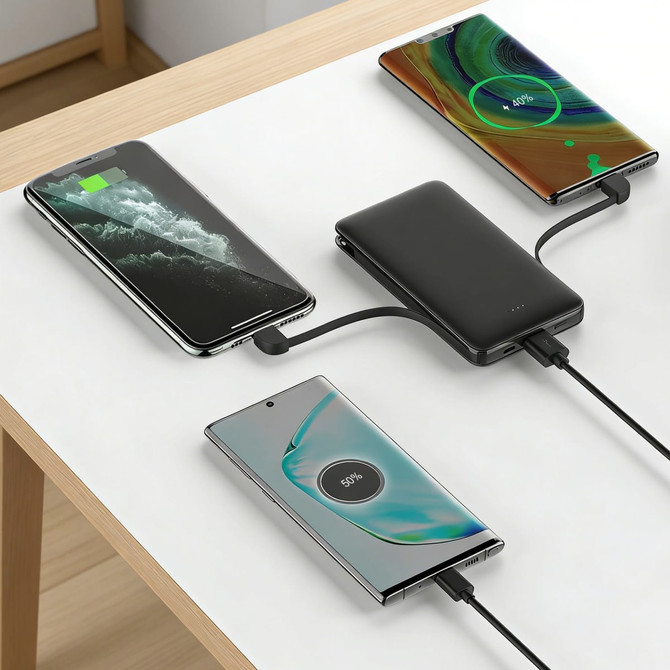 A black 5000mAh slim power bank with charging cables, connected to two smartphones on a table.