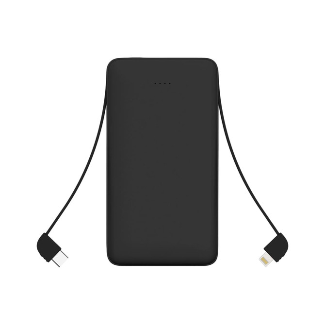 A black 10000mAh slim power bank with an attached charging cable. Features a minimal design and a logo.