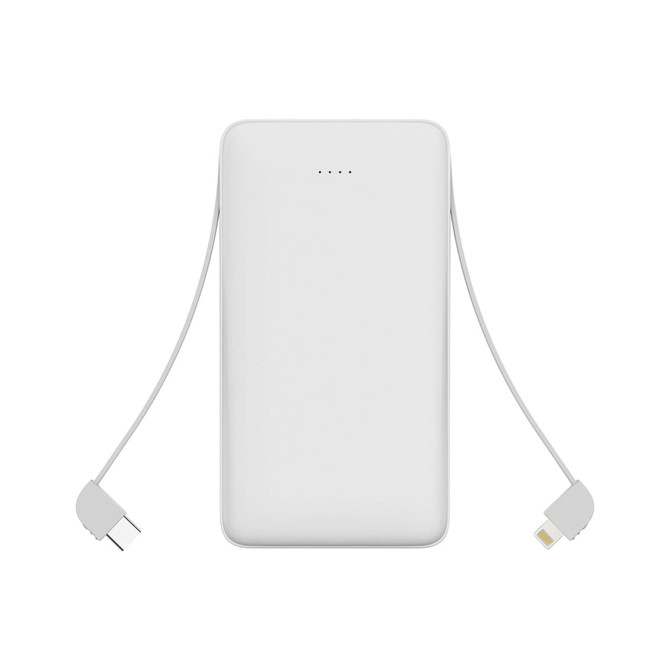 A white 10000mAh slim power bank with an attached charging cable in grey. It features indicator lights on the front.