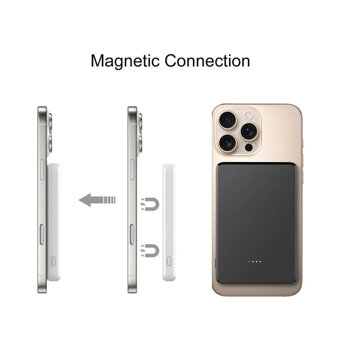 A magnetic wireless power bank in black, positioned next to a smartphone, featuring a logo on the device.