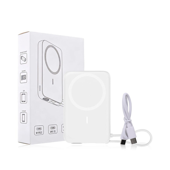 A white 10,000mAh magnetic wireless power bank with a USB charging cable, accompanied by a box featuring a logo.
