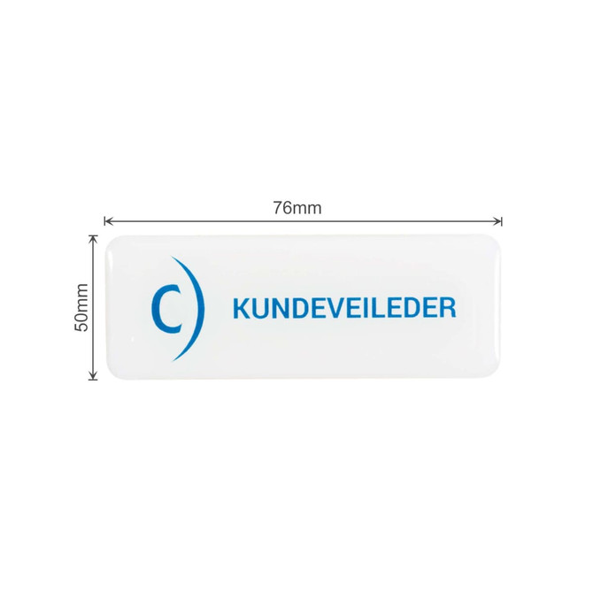 A custom acrylic name badge in white with blue text, measuring 76mm by 50mm, featuring a logo.