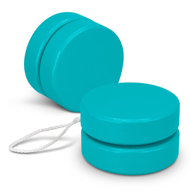 A teal wooden yoyo with a string, featuring two circular discs stacked together.